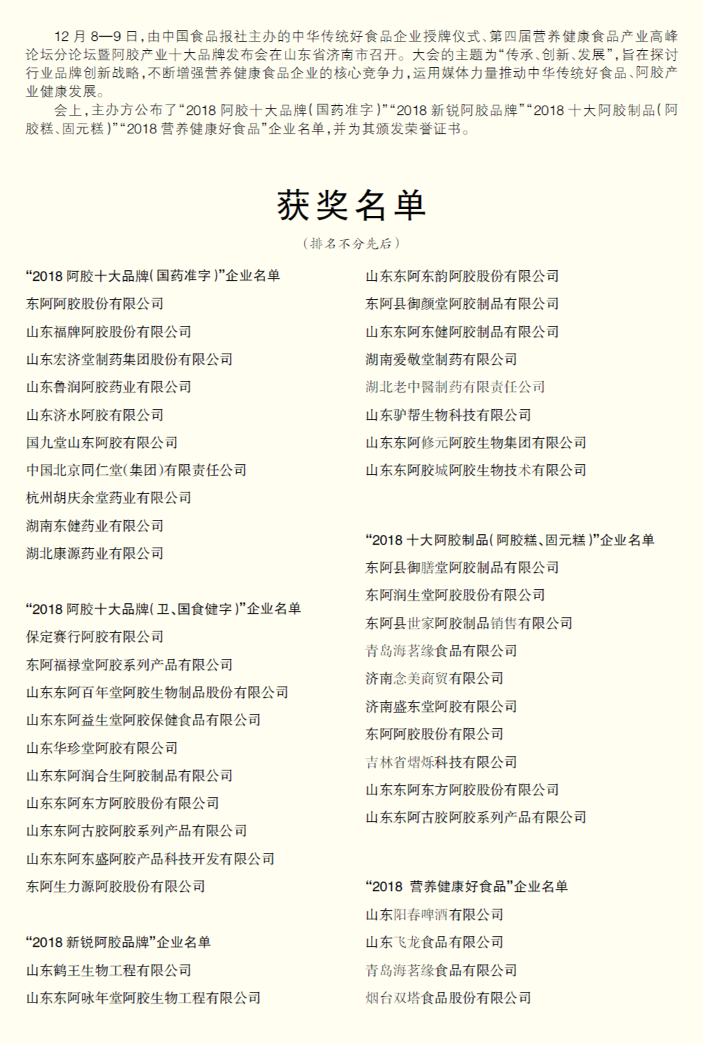 第四屆營養(yǎng)健康食品產(chǎn)業(yè)高峰 論壇分論壇暨阿膠產(chǎn)業(yè)十大品牌發(fā)布會獲獎名單